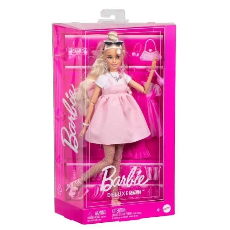 Barbie Fashion Icon - Deluxe Style - Papusa Stilata cu Rochie Roz, Ochelari Statement si Geanta Inimioara - Atelieru' lui Mesterica