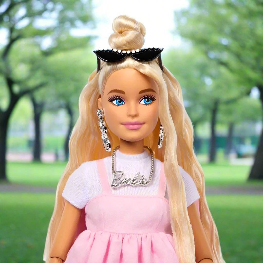 Barbie Fashion Icon - Deluxe Style - Papusa Stilata cu Rochie Roz, Ochelari Statement si Geanta Inimioara - Atelieru' lui Mesterica
