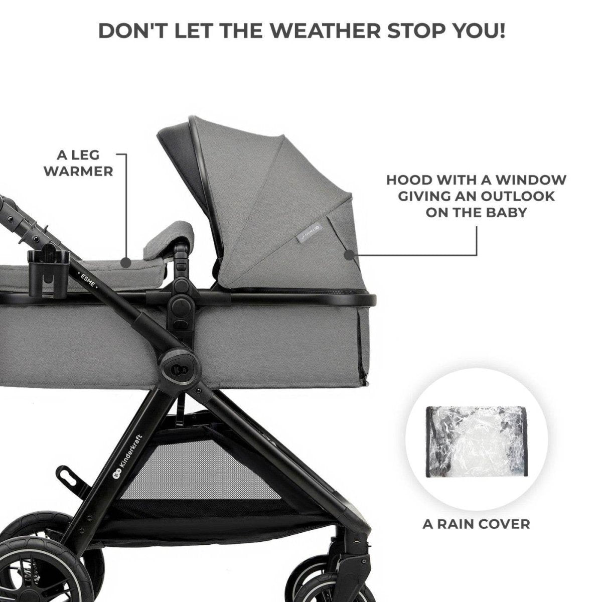 CARUCIOR KINDERKRAFT ESME, 3 IN 1, MOONLIGHT GREY Atelieru' lui Mesterica | Jucarii, haine si incaltaminte pentru copii