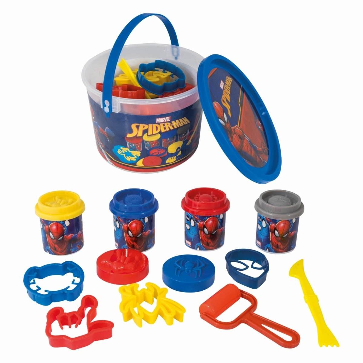 GALETUSA CU 4 BORCANASE DE PLASTILINA SI ACCESORII DE MODELAT SPIDERMAN - Atelieru' lui Mesterica