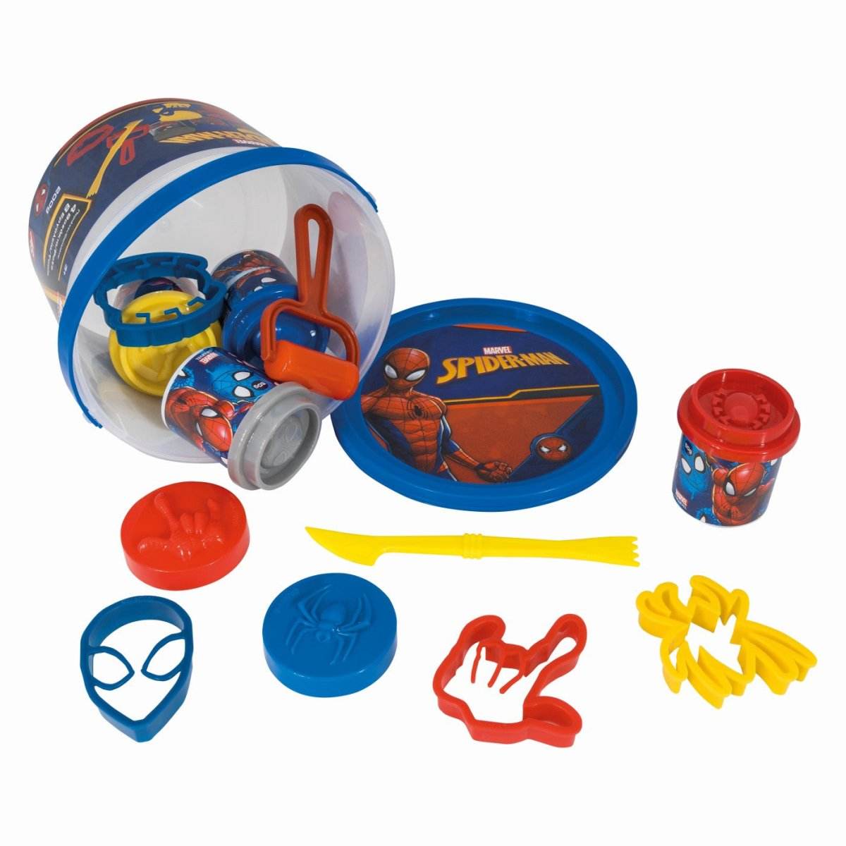 GALETUSA CU 4 BORCANASE DE PLASTILINA SI ACCESORII DE MODELAT SPIDERMAN - Atelieru' lui Mesterica