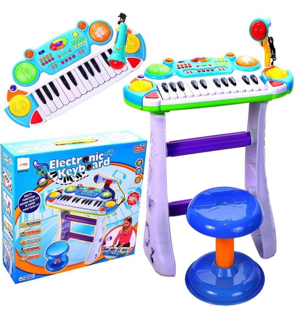 INSTRUMENT MUZICAL PIANINA ELECTRONICA MALPLAY CU SCAUN SI MICROFON 45 CM INALTIME ALBASTRU - Atelieru' lui Mesterica