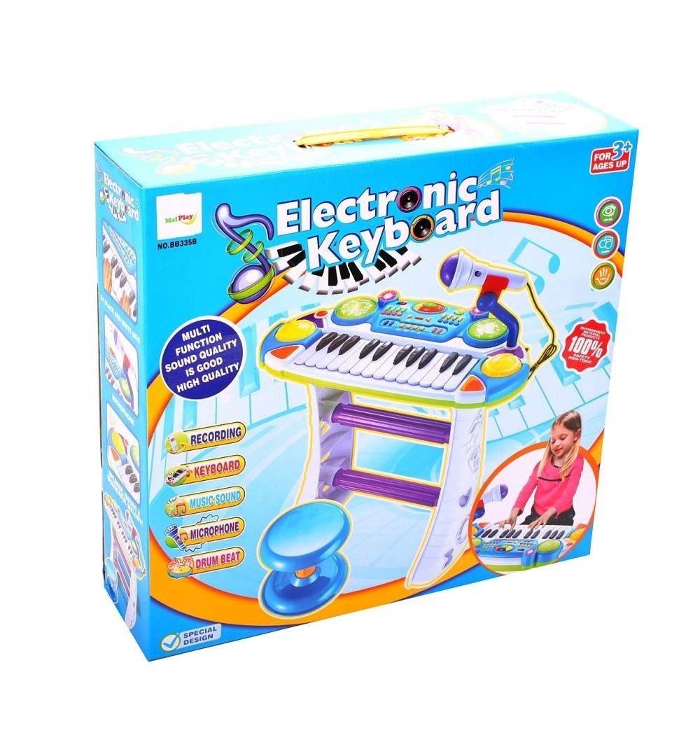 INSTRUMENT MUZICAL PIANINA ELECTRONICA MALPLAY CU SCAUN SI MICROFON 45 CM INALTIME ALBASTRU - Atelieru' lui Mesterica