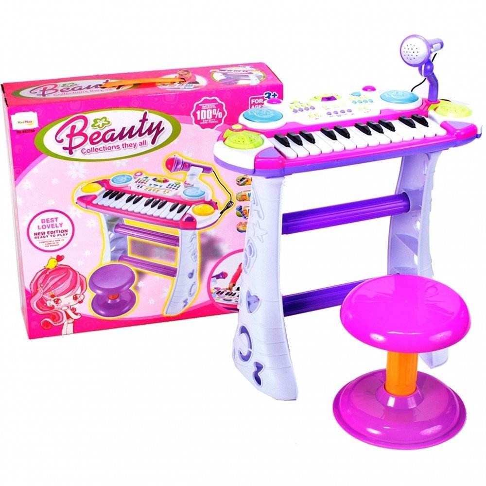 INSTRUMENT MUZICAL PIANINA ELECTRONICA MALPLAY CU SCAUN SI MICROFON 45 CM INALTIME ROZ - Atelieru' lui Mesterica