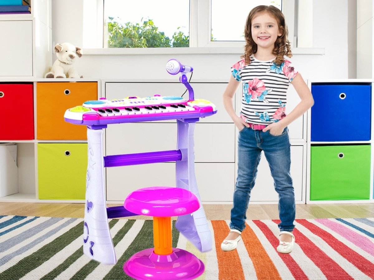 INSTRUMENT MUZICAL PIANINA ELECTRONICA MALPLAY CU SCAUN SI MICROFON 45 CM INALTIME ROZ - Atelieru' lui Mesterica