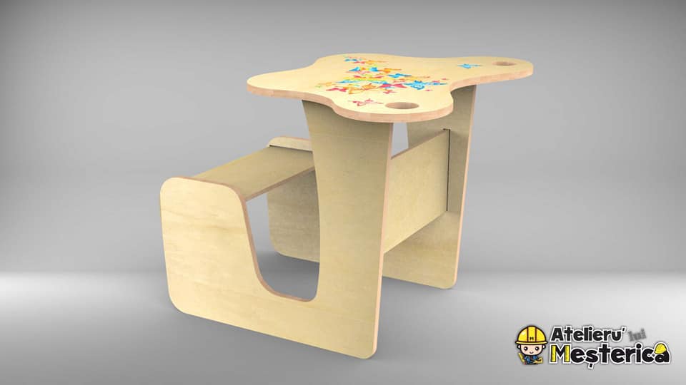 scaun cu masuta 2in1 mobilier eco-friendly din lemn cu print personalizat pentru toti copii