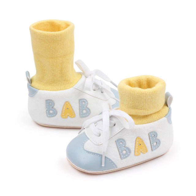 Tenisi cu ciorapel galben si insertii bleu - Baby Atelieru' lui Mesterica | Jucarii, haine si incaltaminte pentru copii