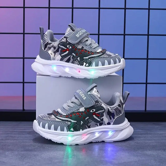 Pantofi Sport Copii cu Lumini?e LED ?i Design Dinozaur Gri Atelieru' lui Mesterica | Jucarii, haine si incaltaminte pentru copii