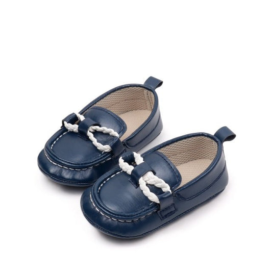Pantofiori tip mocasini, bleumarin, cu fir alb impletit Atelieru' lui Mesterica | Jucarii, haine si incaltaminte pentru copii