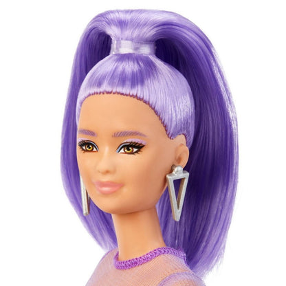 PAPUSA BARBIE FASHIONISTA CU PAR MOV CU ROCHIE CU UMERI BUFANTI Atelieru' lui Mesterica | Jucarii, haine si incaltaminte pentru copii